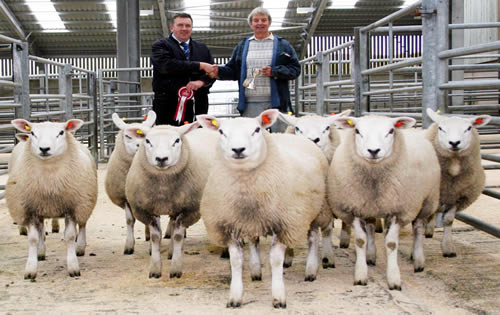 Kenneth Gamble, right, with his 2010 Skipton Continental gimmer lamb champions, joined by judge Nick Dalby, Hartwith