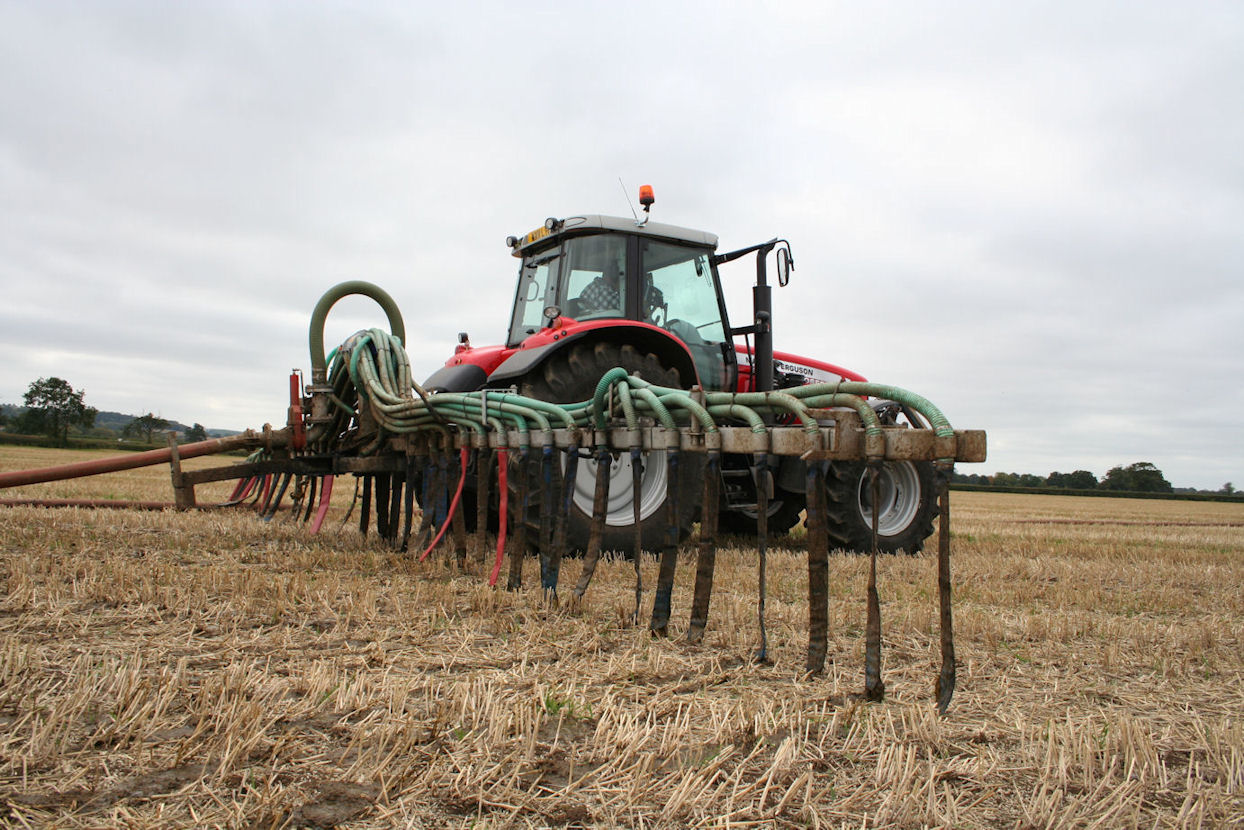 Paul Josephâ€™s 12m dribble bar in action placing cattle slurry on to wheat stubble.