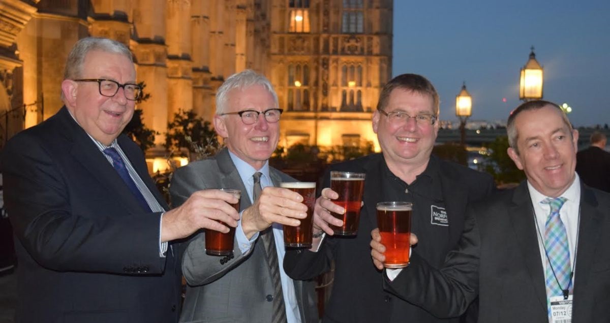 Celebrating Maris Otter's 50th anniversary. Keith Simpson MP, Norman Lamb MP, David Holliday, Mark Banham